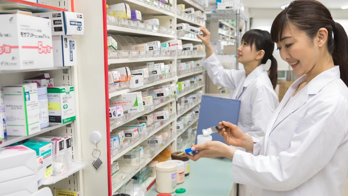 調剤台で並んで作業する2人の女性薬剤師